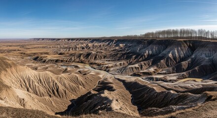 Vast eroded canyon landscape under a clear blue sky with a distant treeline