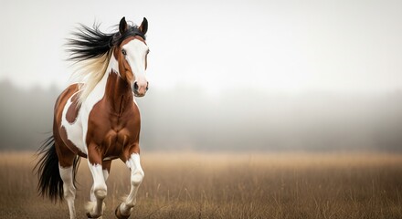 Elegant brown and white horse galloping powerfully across a field on a misty morning with space for text