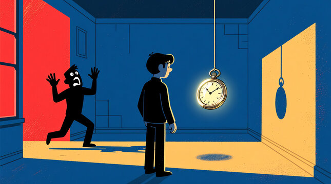 Man confronts danger with looming pocket watch in surreal room