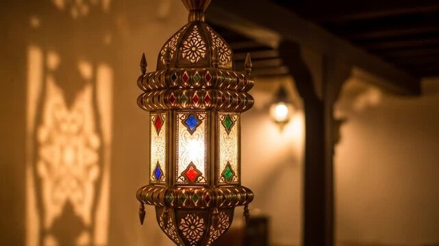 Enchanting ornate Moroccan lantern gracefully casting beautiful traditional patterns on a warm,
