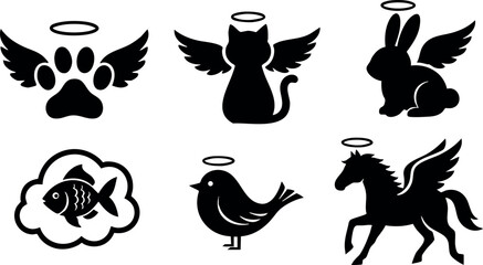 Winged animal icons with halos including paw cat rabbit fish bird horse vector illustration