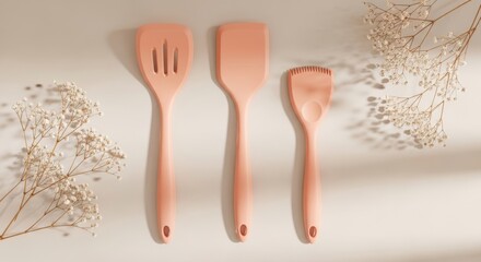 Three natural wood kitchen spatulas and stirrers arranged artfully with delicate dried floral accents