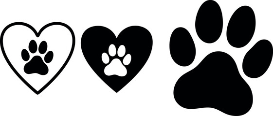 Paw prints inside heart shapes and single paw print vector icons in black and white design