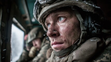 Fototapeta premium Soldier focuses intently while navigating through a challenging winter environment with a teammate nearby.