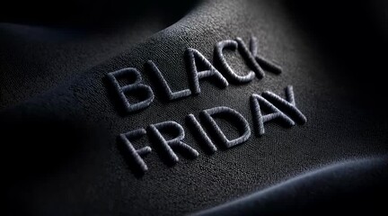 Bold letters spelling Black Friday stand out against a textured black fabric, symbolizing shopping frenzy and discounts. The image captures the excitement of holiday sales.