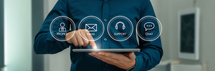 A person using a tablet for customer service, showcasing communication channels like email, chat, and phone support for client engagement and assistance