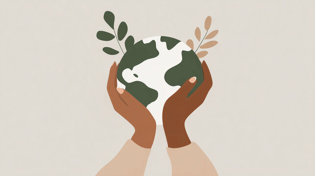 Hands holding globe surrounded by leaves, concept of International Earth Day  