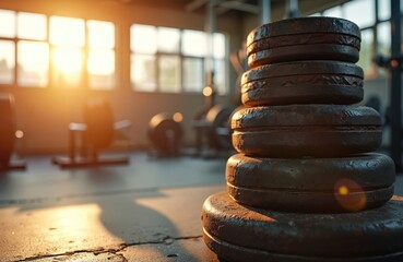 Rusty weight stack in a gym during sunny morning. Dumbbells row visible in sport club. Sun rays fall from window on barbell. Strength workout concept. Fitness training lifestyle.