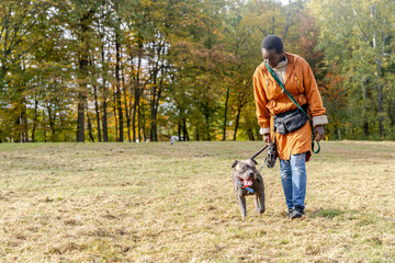 African woman bonding with American Staffordshire Terrier dog in autumn park
