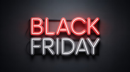 Neon black friday sign on dark background, featuring glowing red and white lights, perfect for attracting customers and announcing seasonal discounts