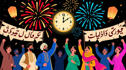 People celebrate New Year with fireworks in a festive illustration