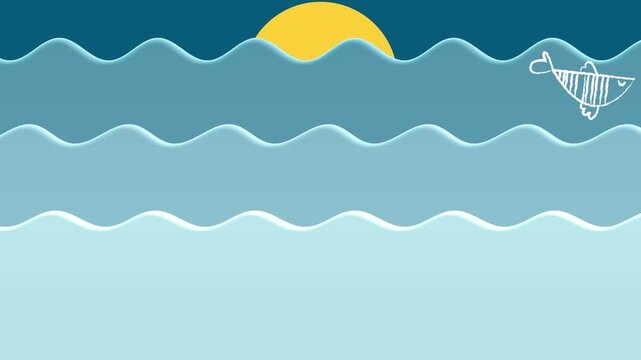 A captivating seamless vector video loop featuring stylized graphic fish dynamically leaping out of abstract, crested waves. 