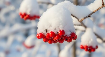 Close up of red berries covered in snow on a branch in the winter time