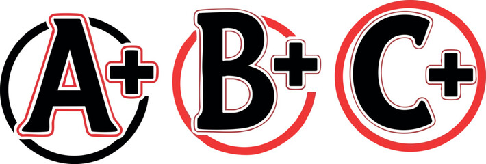 Letter grade symbols A plus B plus C plus in black and red circles vector illustration