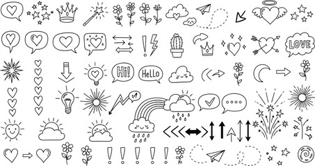 Collection of hand drawn abstract symbols and shapes in black and white