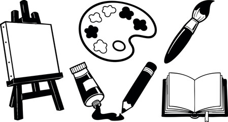 Art supplies painting brush palette easel pencil tube and open book vector illustration