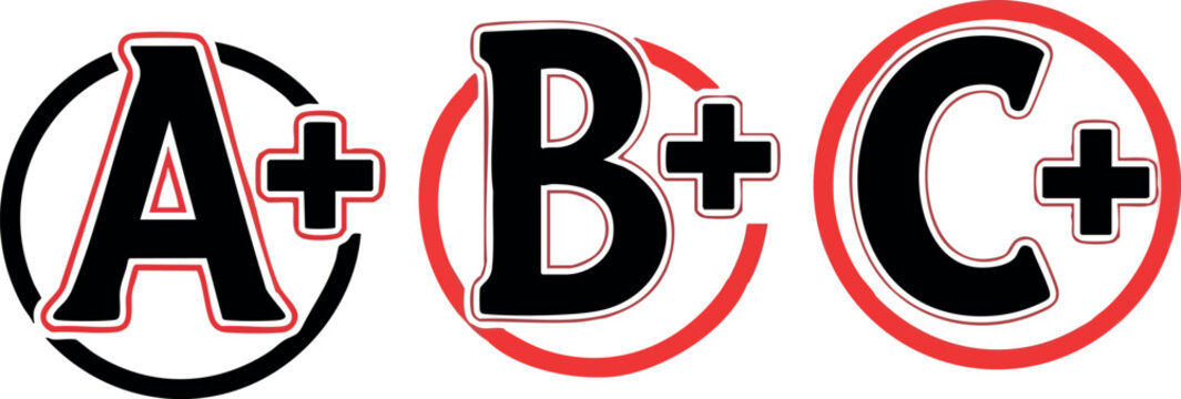 Letter grade symbols A plus B plus C plus in black and red circles vector illustration