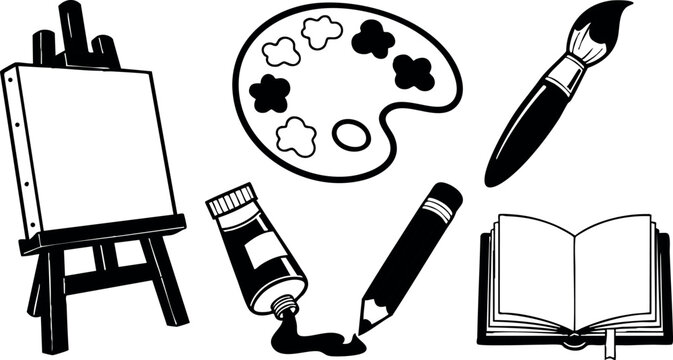 Art supplies painting brush palette easel pencil tube and open book vector illustration