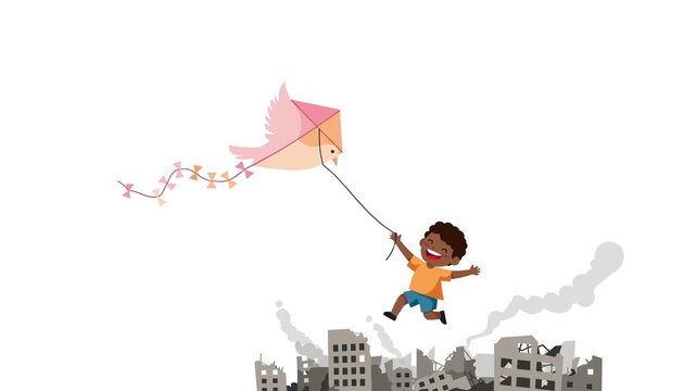 Illustration of a joyful kid flying a kite over a destroyed city, depicting hope and resilience,
