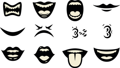 Set of various cartoon mouth expressions with teeth tongue and lips in black and white style vector illustration