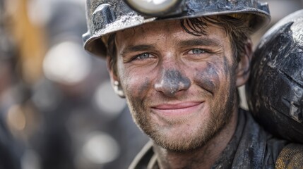 Smiling miner in dirty helmet, face and clothes covered with coal dust, radiating positivity and hard work in industrial environment