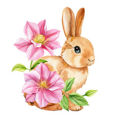 Bunny with pink clematis flowers in soft watercolor illustration for spring animal decor