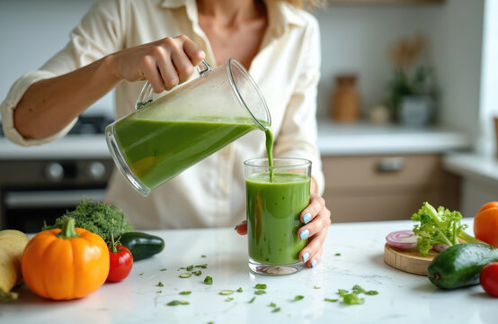 Woman pours green smoothie from jug to glass. Various raw vegetables and fruits lie on the kitchen table. Concept of healthy lifestyle and proper nutrition with organic ingredient. - Powered by Adobe
