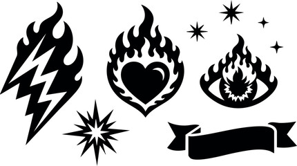 Black flame icons set with heart eye stars lightning and banner vector illustration symbols design