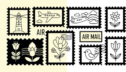 Vintage air mail postage stamps with flowers bird airplane lighthouse retro design vector illustration