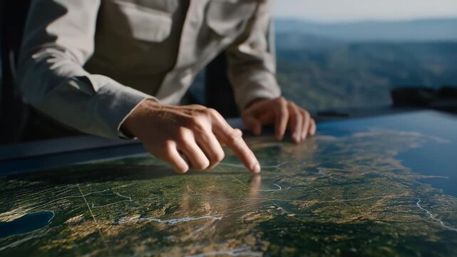 Close-up of analyst highlighting terrain features and environmental changes on digital satellite overlays, highlighting data-driven military research, AI-assisted geospatial analytics, and