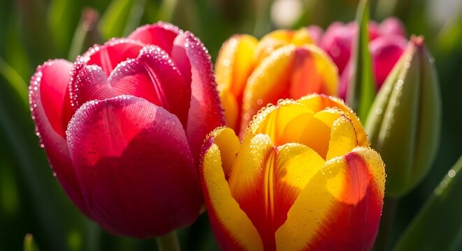 Close up of red and yellow tulips with water droplets in a garden setting