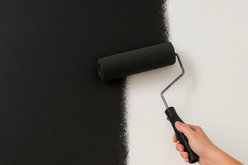 Painting a wall with black paint using a roller — home renovation, interior design, color change, and DIY projects. Duality, choices, redefining boundaries, transformation, and bold decision-making