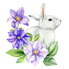 White bunny with purple and lilac clematis flowers in elegant watercolor botanical illustration for spring decor