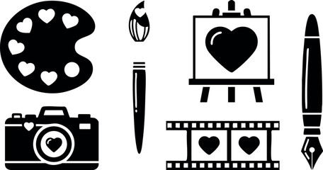 Art tools with heart shapes paintbrush camera palette film strip vector illustration