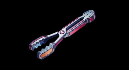 Close-up of a shiny metal kitchen tong on a black background.