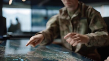 Close-up of command center personnel interacting with 3D holographic maps displaying flight paths, enemy positions, and engagement zones, highlighting high-tech air defense coordination, real-time - Powered by Adobe