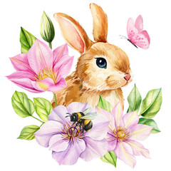 Bunny with pink and lilac clematis flowers bee and butterfly in soft spring watercolor illustration for design