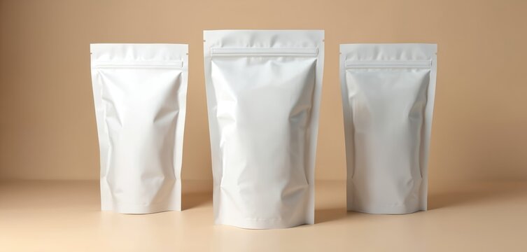 Three white zip lock bags stand on beige. Mockup of paper pack with empty space to place logo and text. Product packaging presentation for brand. Flat lay shot for delivery service.