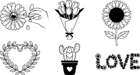 Floral elements heart wreath cactus bouquet love letters sunflower daisy hand watering vector illustration