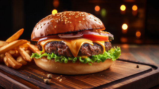 An ultra-appetizing, low-angle studio shot of a classic cheeseburger featuring a juicy beef patty generously covered in melted cheese, fresh green lettuce, thick tomato slices, and red onion rings, al