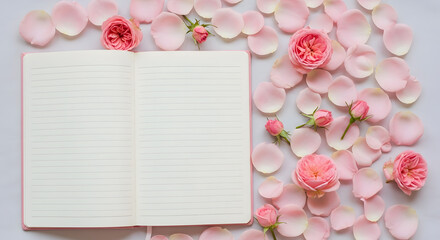 Flatlay of a lined notebook surrounded by rose petals, soft pink theme, romantic and feminine look