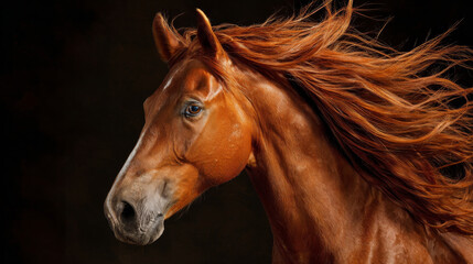 Obraz premium Majestic chestnut horse showcasing its flowing mane in a dramatic lighting setup
