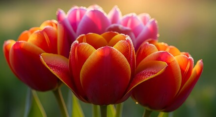 A close up of red and pink tulips with water droplets on the petals