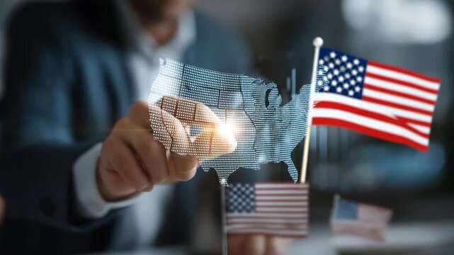 Close-up of hands interacting with holographic charts while a miniature USA flag stands nearby, highlighting modern business innovation, national pride in corporate settings, and - Powered by Adobe