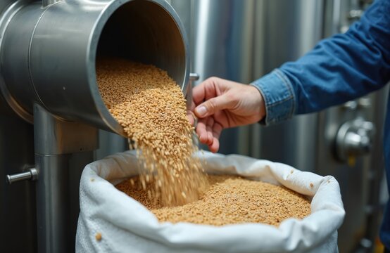 Worker collects spent grain from modern brewery machine. Malt by-product fills large white bag, showing sustainable industrial process. Highlights brewing waste management, eco friendly production