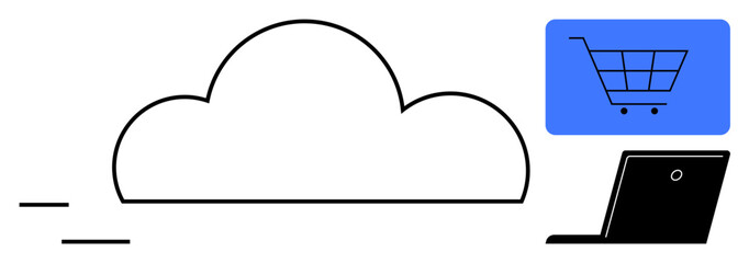 Cloud icon connecting digital shopping cart and laptop, symbolizing e-commerce, data storage, and connectivity. Ideal for technology, retail, networking, online business, innovation communication