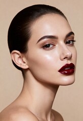 Fototapeta premium Close up of a woman with shiny skin and dark red lipstick against a neutral beige background