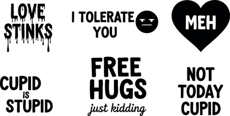 Love stinks cupid is stupid free hugs just kidding not today cupid tolerance heart emotion feelings humor vector illustration