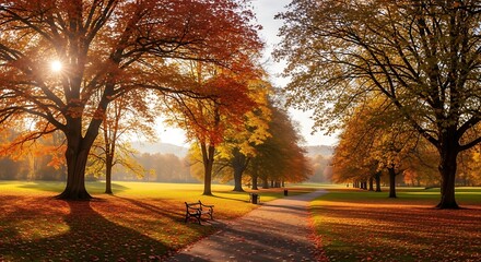 A park path in autumn with trees in vibrant colors and a bench to rest
