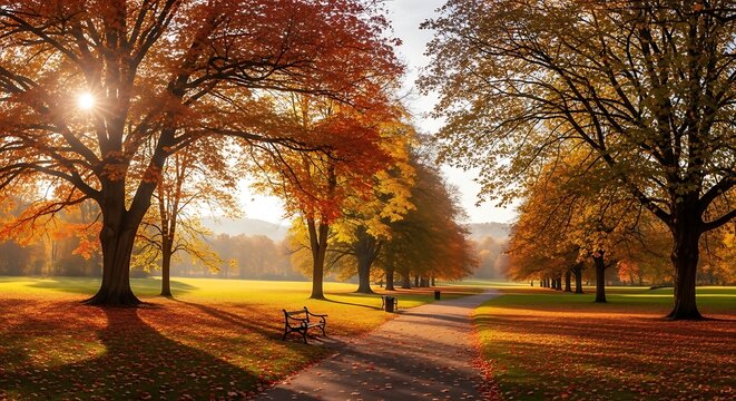 A park path in autumn with trees in vibrant colors and a bench to rest
